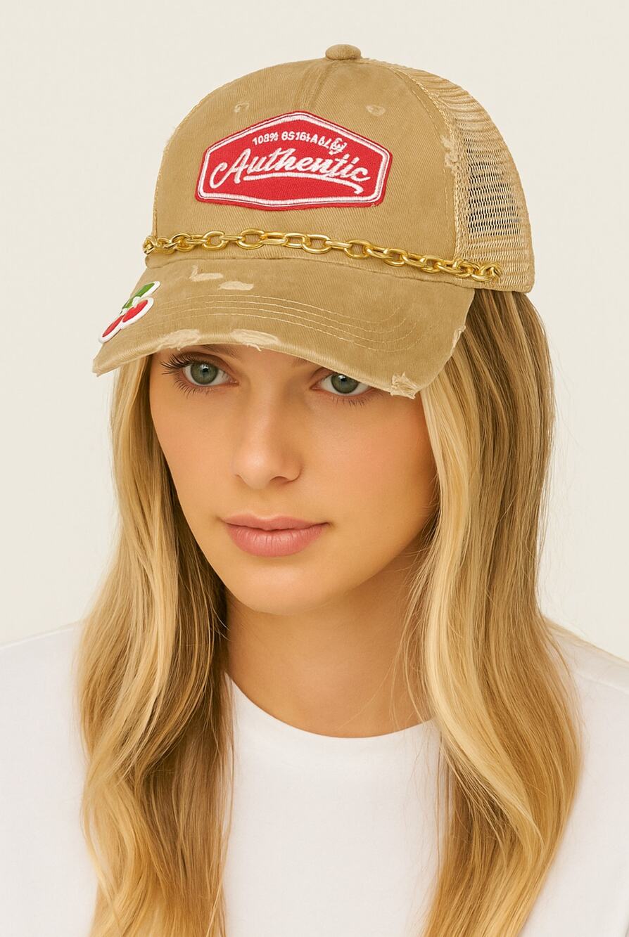 Vintage Distressed “Authentic” Trucker Hat with Gold Chain & Cherry Patch